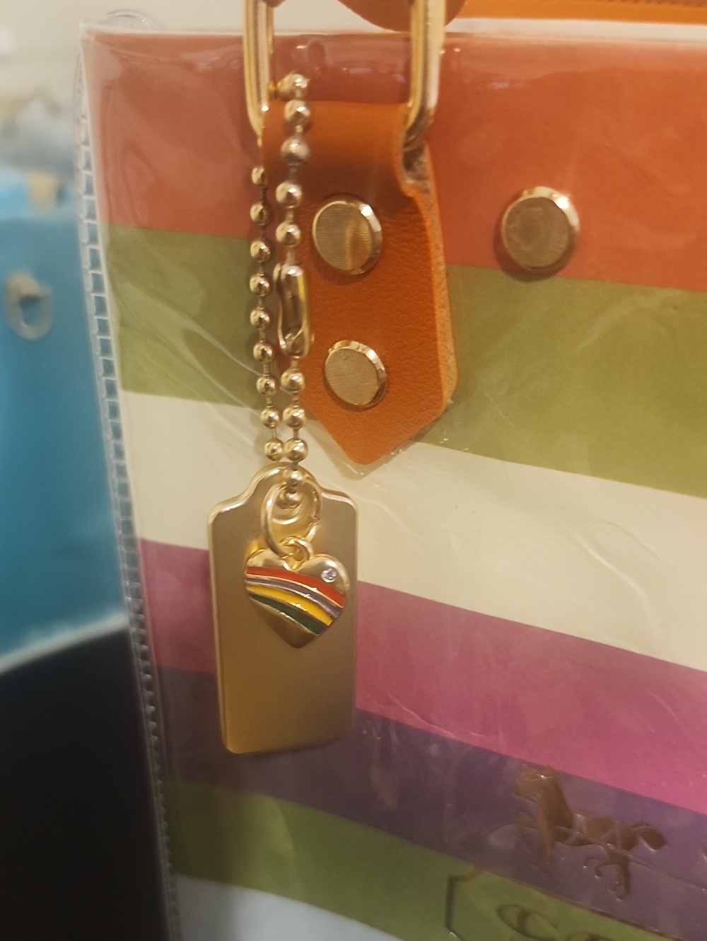 Coach Striped Paper Shopping Bag Covered In PVC Plastic With Purse Charm - Picture 4 of 4